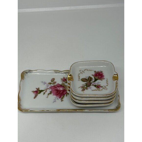 VTG Royal Sealy Japan Porcelain 5-Pc Dresser Set Hand Painted Roses Shabby Chic - Picture 9 of 9